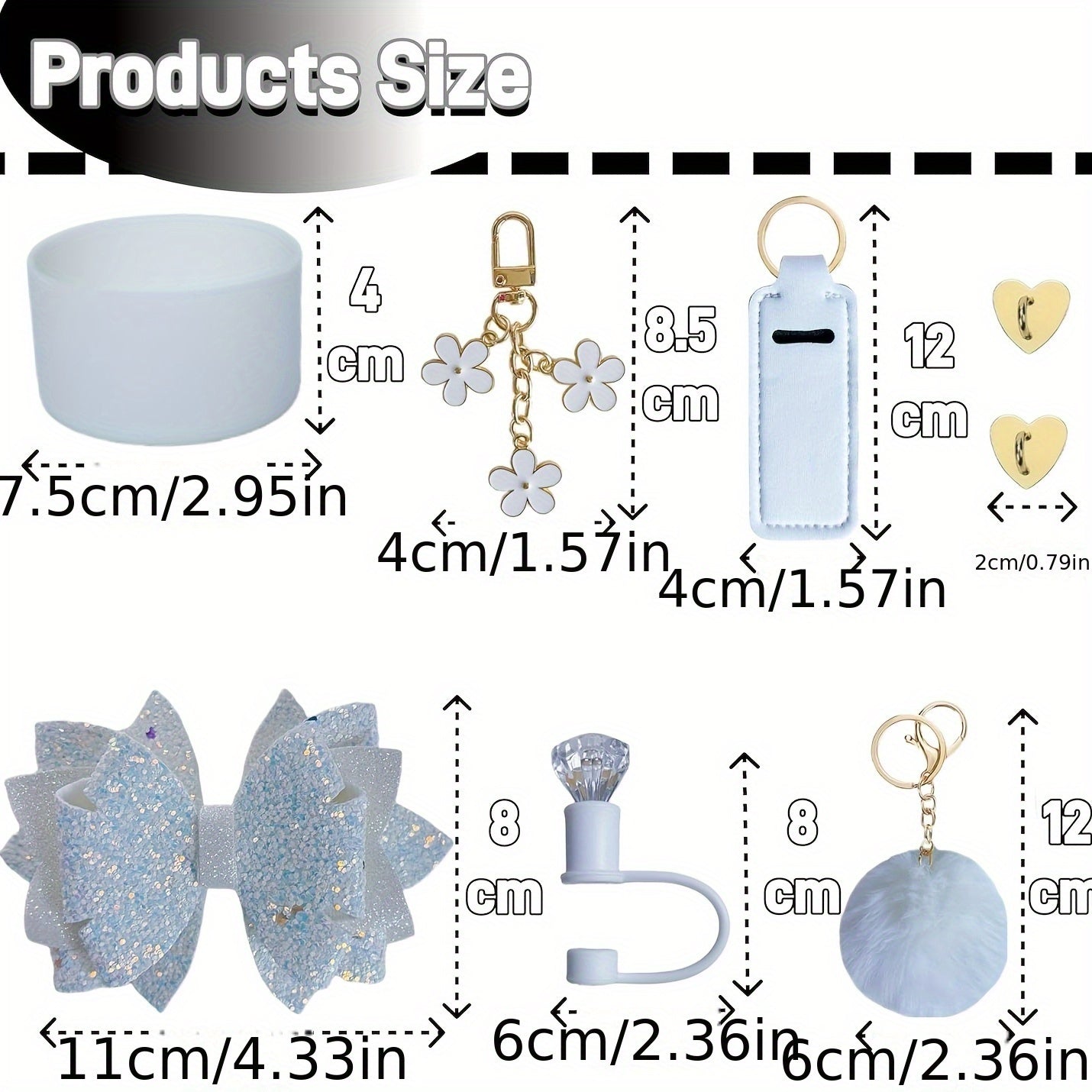 8pcs Water Cup Accessories Set with Glitter Bow Decoration, Diamond Straw Hat, Pompom Flower Pendant, Lipstick Bag