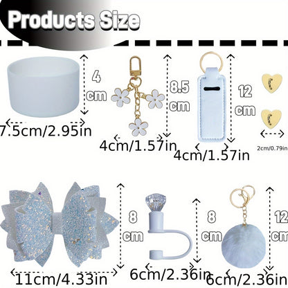 8pcs Water Cup Accessories Set with Glitter Bow Decoration, Diamond Straw Hat, Pompom Flower Pendant, Lipstick Bag