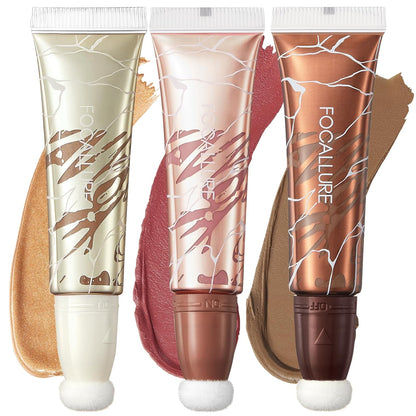 3 PCS Liquid Contour Stick,Moisturizing Highlighter,Blush and Bronzer,Silky Cream Contouring Pen with Soft Cushion Applicator,Long Lasting Face Illuminator Makeup,Bikini Beach