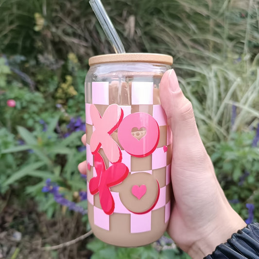 ACMALCO XOXO 16oz Heart & Plaid Print Glass Cup - Perfect for Coffee, Juice, Water, Wine | Reusable, Dishwasher Safe | Unique Valentine's Day Gift