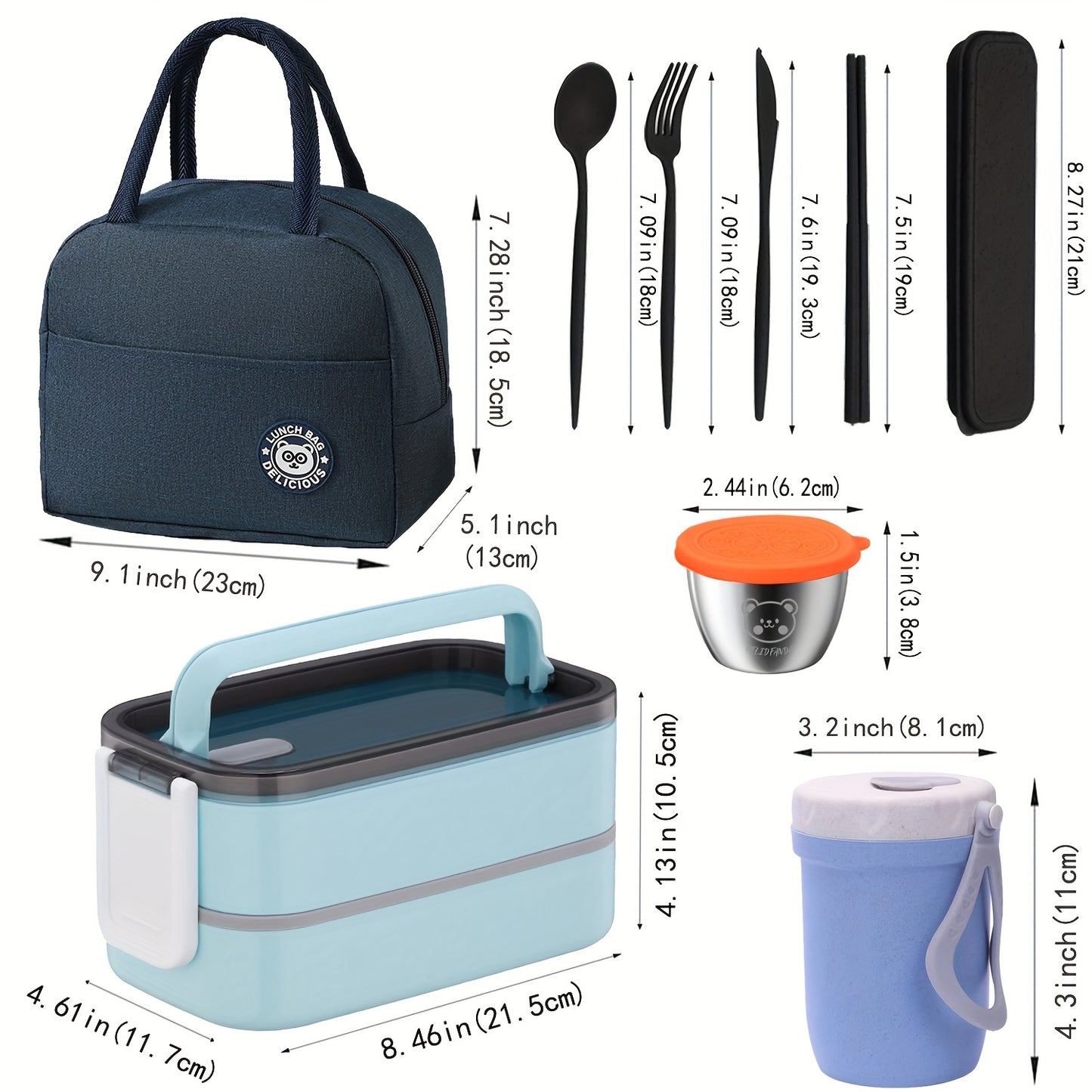 60oz 2 layers Multi grid Lunch Box with Sauce Box, Soup Cup, Cutlery, and Insulated Bag. Lunch Box Set.