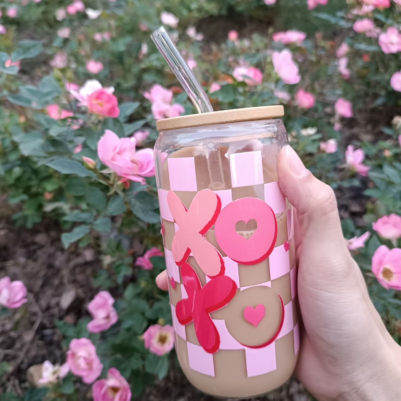 ACMALCO XOXO 16oz Heart & Plaid Print Glass Cup - Perfect for Coffee, Juice, Water, Wine | Reusable, Dishwasher Safe | Unique Valentine's Day Gift