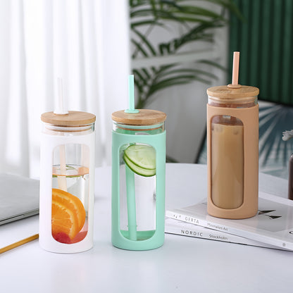 MUKOKO 20oz Glass Water Tumble With Straw And Lid, Bamboo Lids Water Bottle, Iced Coffee Cup Reusable, Wide Mouth Smoothie Cups, Straw Silicone Protective Sleeve BPA FREE