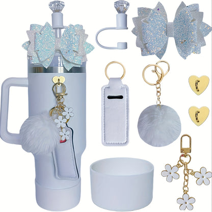 8pcs Water Cup Accessories Set with Glitter Bow Decoration, Diamond Straw Hat, Pompom Flower Pendant, Lipstick Bag