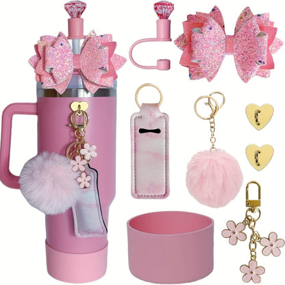 8pcs Water Cup Accessories Set with Glitter Bow Decoration, Diamond Straw Hat, Pompom Flower Pendant, Lipstick Bag