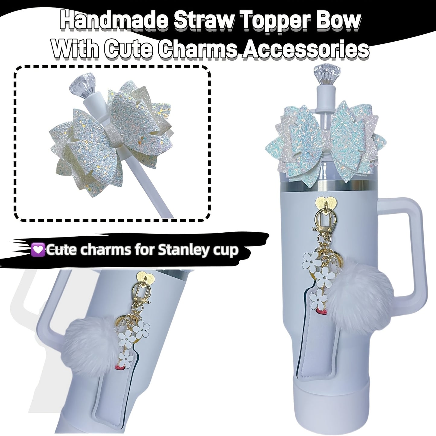 8pcs Water Cup Accessories Set with Glitter Bow Decoration, Diamond Straw Hat, Pompom Flower Pendant, Lipstick Bag