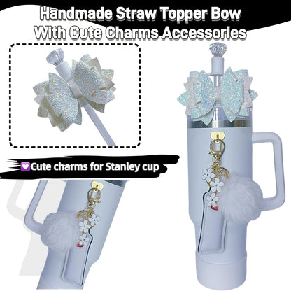 8pcs Water Cup Accessories Set with Glitter Bow Decoration, Diamond Straw Hat, Pompom Flower Pendant, Lipstick Bag