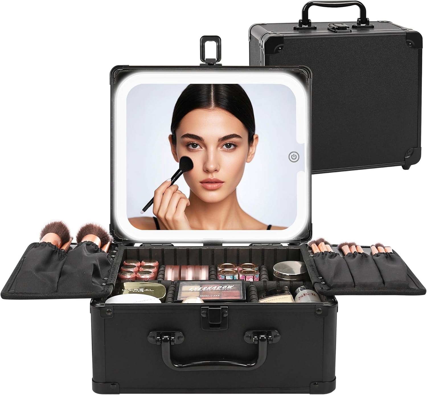 Makeup Bag with LED Mirror, Makeup Box Travel Train Case with Rechargeable Lighted Mirror & Adjustable Dividers, Cosmetic Brush Organizer Storage for Makeup Artists Gifts for Women and Girls