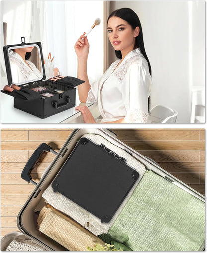 Makeup Bag with LED Mirror, Makeup Box Travel Train Case with Rechargeable Lighted Mirror & Adjustable Dividers, Cosmetic Brush Organizer Storage for Makeup Artists Gifts for Women and Girls