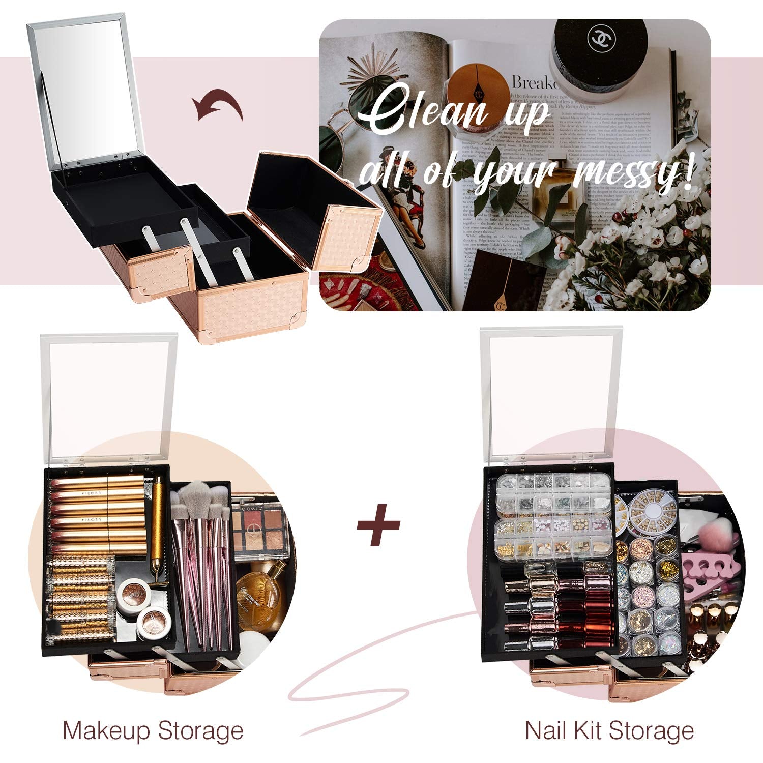 Beauty Makeup Train Case for Lady Portable Cosmetic Box Jewelry Organizer Lockable with Keys and Mirror 2-Tier Trays Carrying with Handle Makeup Storage Box - Rose Gold