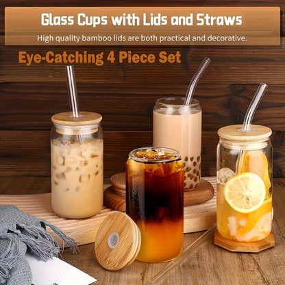 4Pcs Drinking Glasses with Bamboo Lids and Glass Straw - 16 Oz Can Shaped Glass Cups for Beer, Ice Coffee, Cute Tumbler Cup Great for Soda Boba Tea Cocktail Include 2 Cleaning Brushes