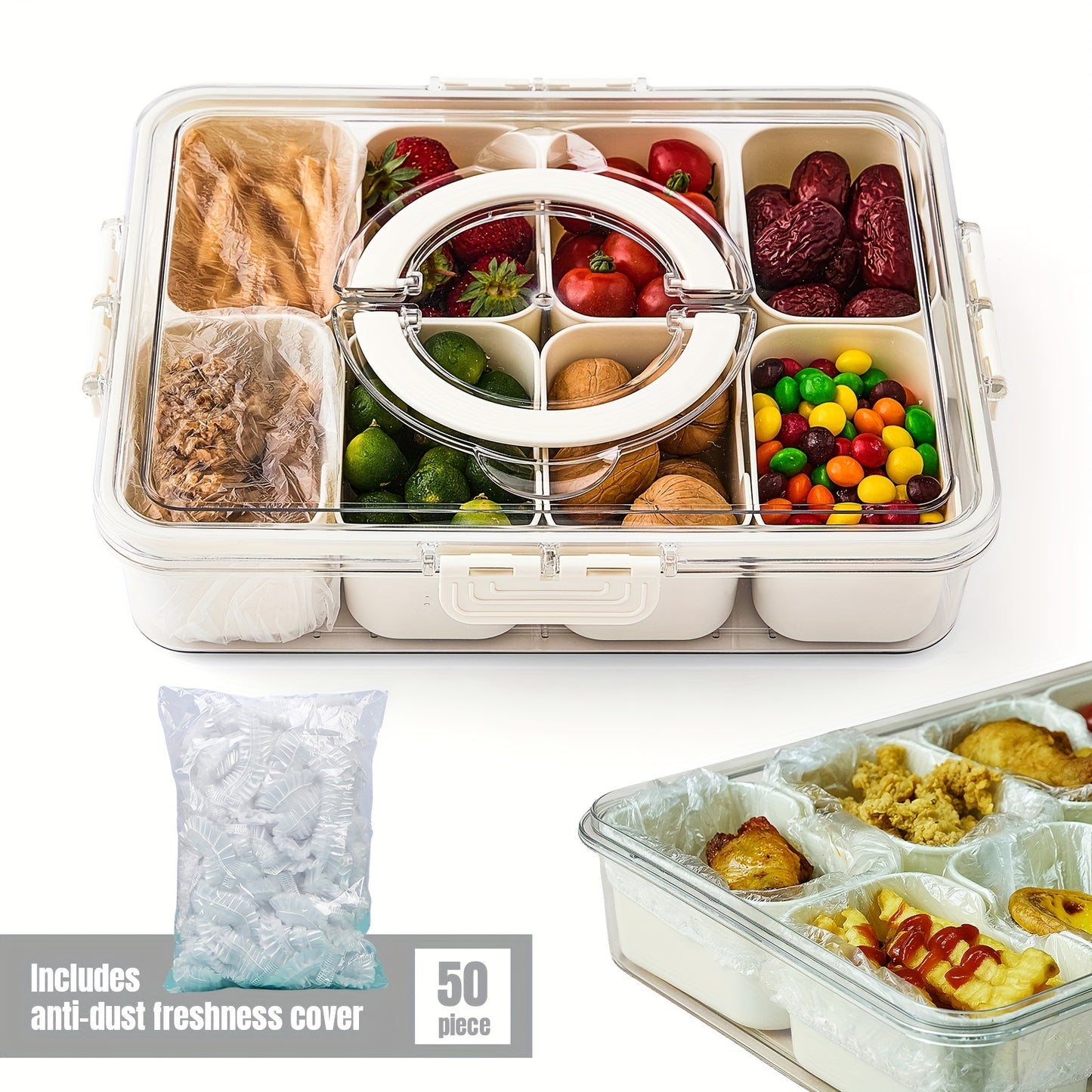 Divided Serving Tray with Lid and Handle - 8-Compartment Snack Box for Portable Snack Platters and Home Decor - Perfect for Parties, Entertaining, and Travel. Includes 50 free freshness bags.