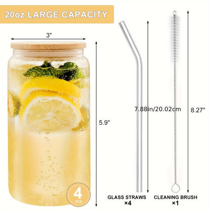 4pcs Glass Cups With Lids And Straws, 16OZ Beer Can Shaped Drinking Glasses Set, Iced Coffee Cup, Glass Tumbler With 1 Cleaning Brush, Ideal For Cocktail, Whiskey, Tea