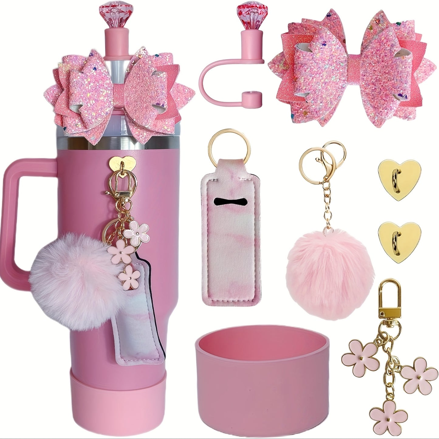 8pcs Water Cup Accessories Set with Glitter Bow Decoration, Diamond Straw Hat, Pompom Flower Pendant, Lipstick Bag