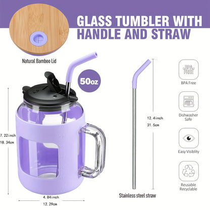 MUKOKO 50 Oz Mug Tumbler, Glass Pitcher With Handle, 1.5 Liter Tumbler With Lids And Straw, Water Bottle With Ounce Marker, Glass Coffee Cup For Travel, Gifts, Dishwasher Safe BPA Free