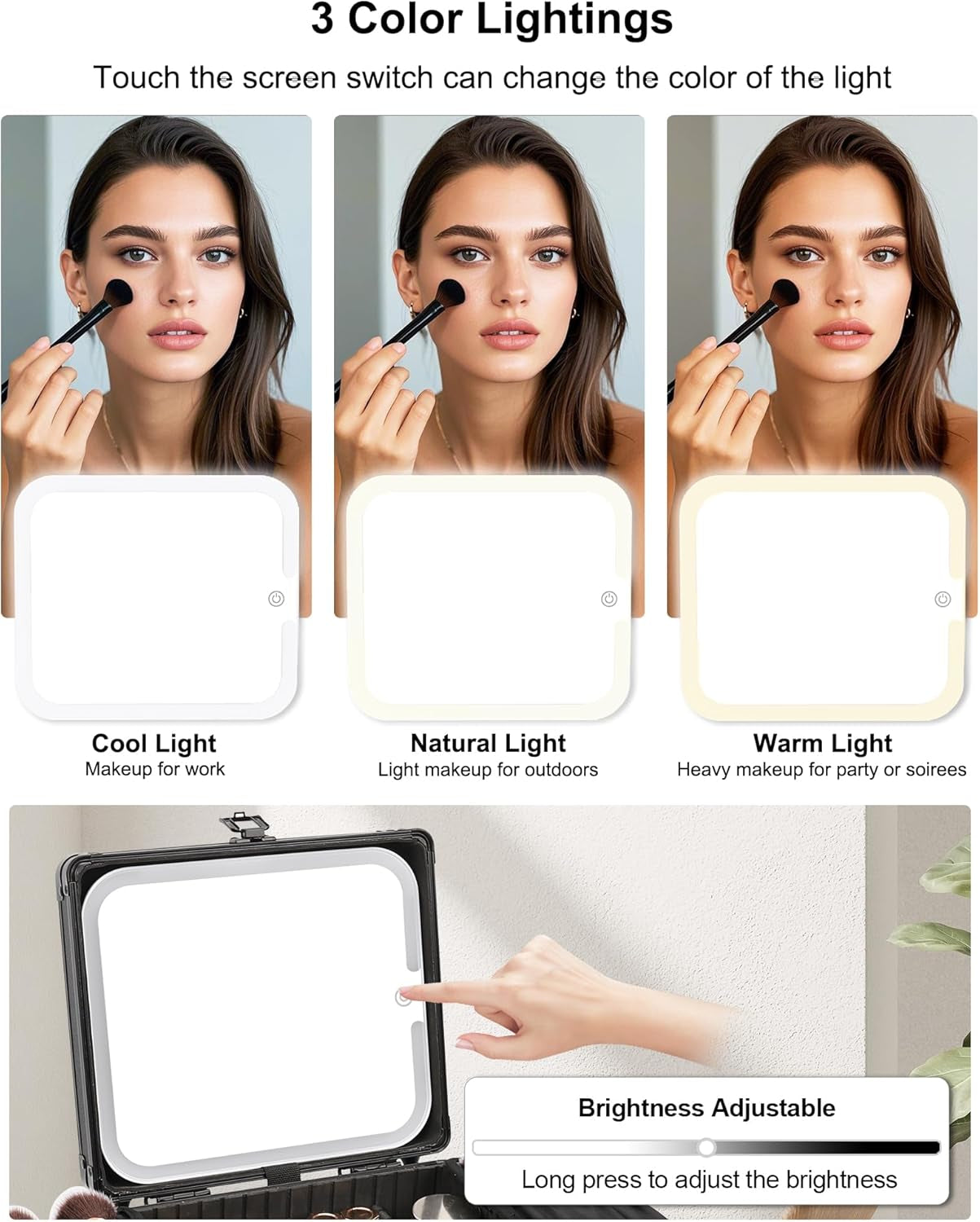 Makeup Bag with LED Mirror, Makeup Box Travel Train Case with Rechargeable Lighted Mirror & Adjustable Dividers, Cosmetic Brush Organizer Storage for Makeup Artists Gifts for Women and Girls