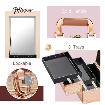 Beauty Makeup Train Case for Lady Portable Cosmetic Box Jewelry Organizer Lockable with Keys and Mirror 2-Tier Trays Carrying with Handle Makeup Storage Box - Rose Gold