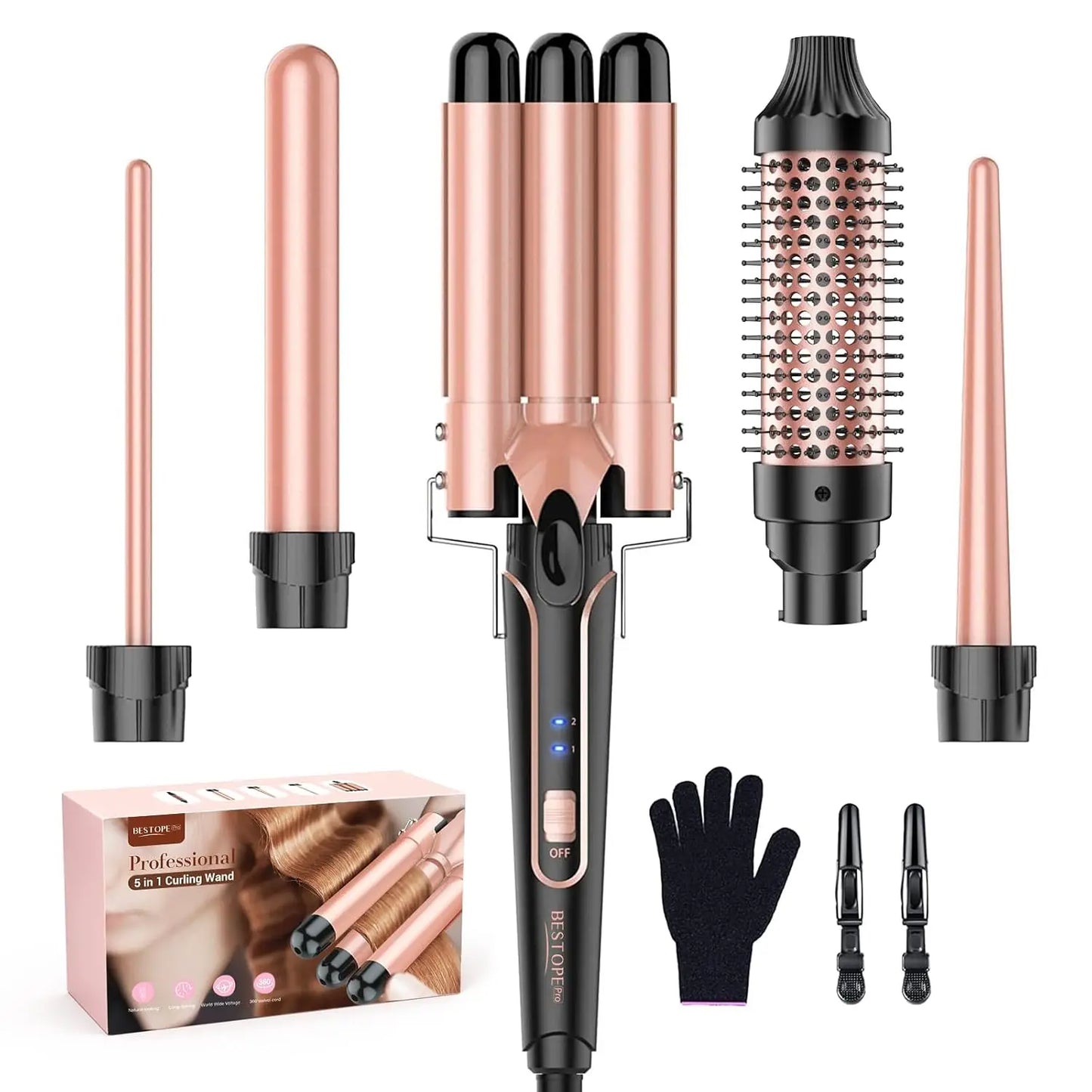 PRO Waver Curling Iron Wand,  5 in 1 Curling Wand Set with 3 Barrel Hair Crimper for Women, Fast Heating Hair Wand Curle