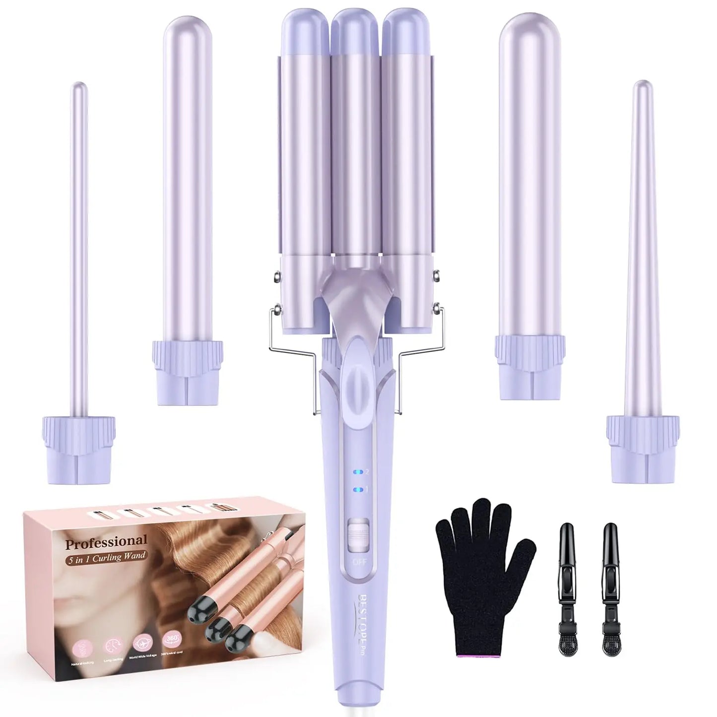 PRO Waver Curling Iron Wand,  5 in 1 Curling Wand Set with 3 Barrel Hair Crimper for Women, Fast Heating Hair Wand Curle