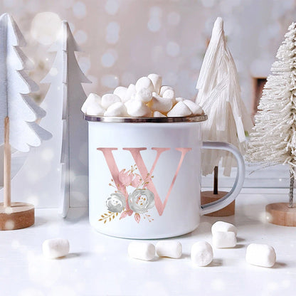 Pink Letter Flowers Enamel Coffee Mugs Bridal Party Creative Drinks Coffee Juice Milk Cups With Handle Water Mug Wedding Gifts