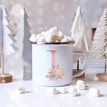 Pink Letter Flowers Enamel Coffee Mugs Bridal Party Creative Drinks Coffee Juice Milk Cups With Handle Water Mug Wedding Gifts