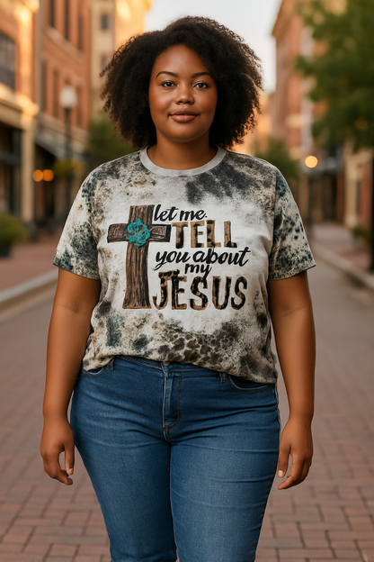 Let Me Tell You About My Jesus Letter & Cross Print T-shirt, Casual Vintage Leopard Short Sleeve T-shirt, Women's Clothing