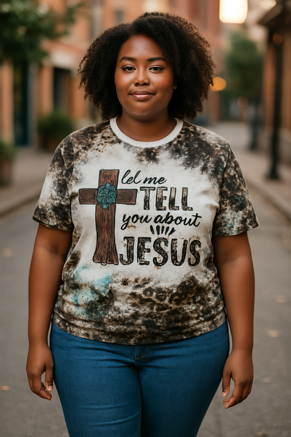 Let Me Tell You About My Jesus Letter & Cross Print T-shirt, Casual Vintage Leopard Short Sleeve T-shirt, Women's Clothing