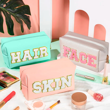 Chenille Letter Cosmetic Bag PU Leather Waterproof Pouch Cute Zipper Organizer, Skin, Hair and Face