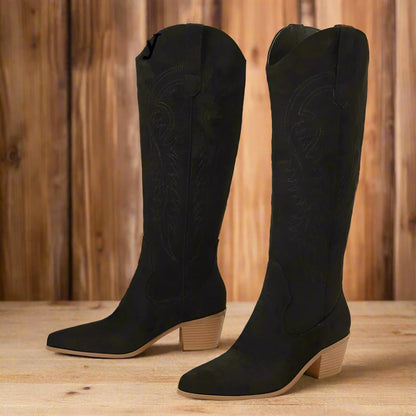 Retro Spring Winter Knee High Boots Women Comfy Walking Fashion Pointed Toe Female Western Cowboy Boot High Heel