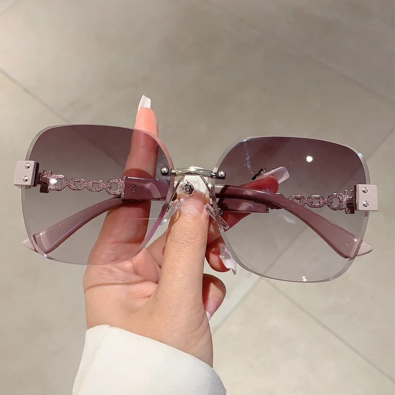 Gradient Tea Women Sunglasses Oversize Rimless Retro Shades for Decoration Driving UV Protection Sun Glasses