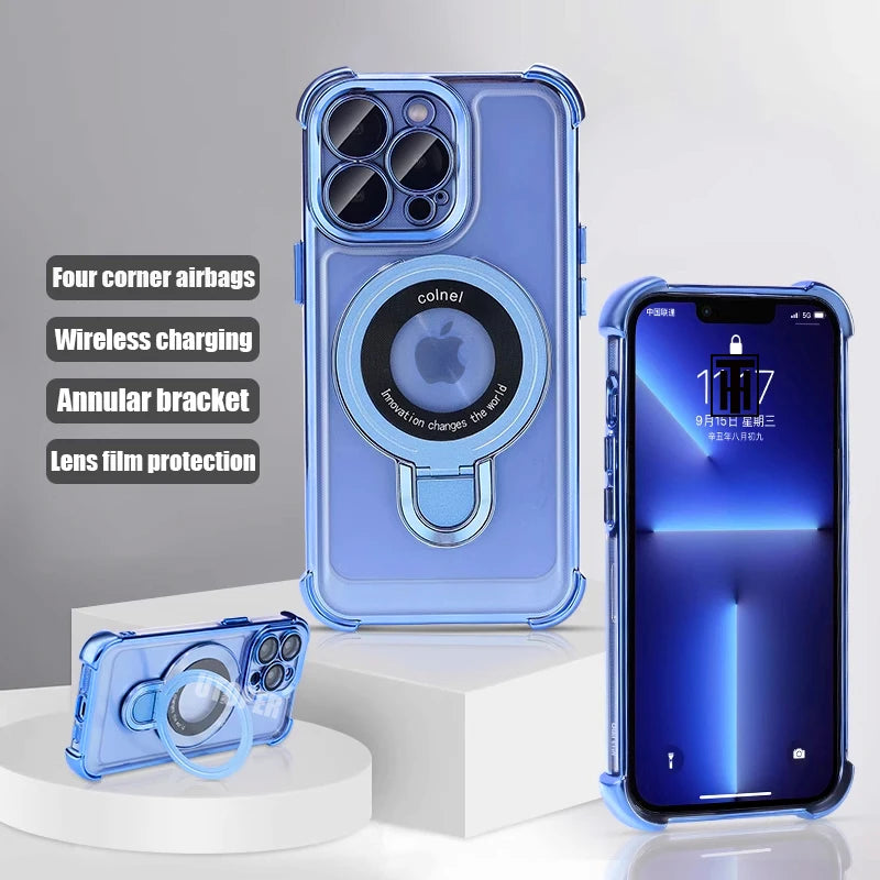 New Strong Magsafe Magnetic Ring Stand for iPhone 16 15 14 13 11 12 Pro Max Plus Military Shockproof Slim Plating Clear Cover