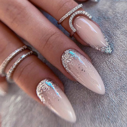 24pcs Detachable Almond French False Nails DIY Glitter Design Press on Nails Fake Nials DIY Manicure Nail Tips