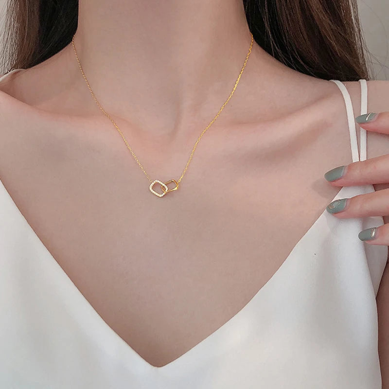 S925 Silver Round Choker Zircon For Women Fashion Chain Minimalist Dainty Double Circle Pendant Necklace Neck Fine Jewelry