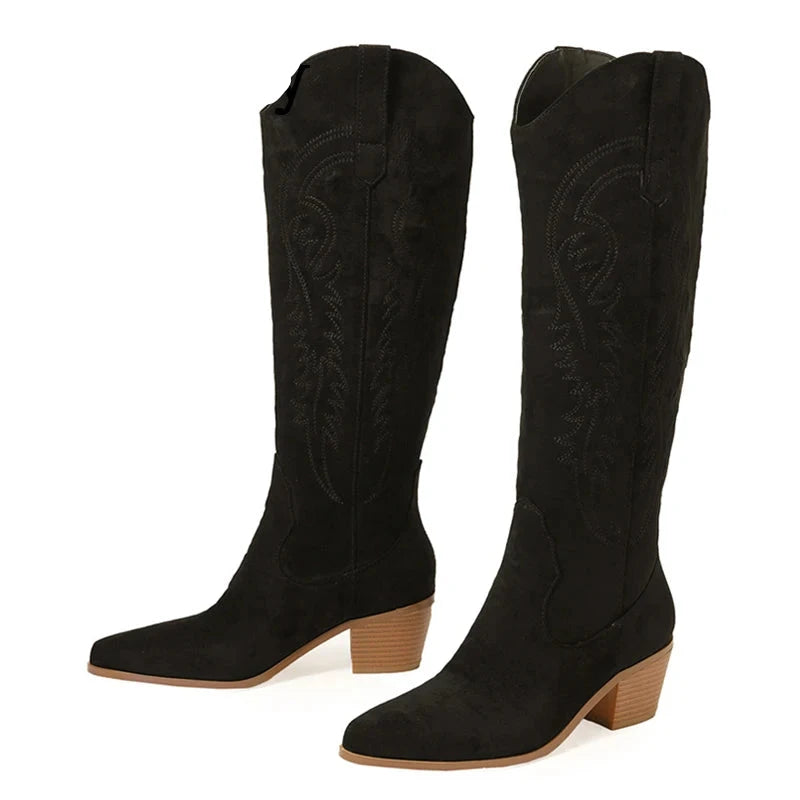 Retro Spring Winter Knee High Boots Women Comfy Walking Fashion Pointed Toe Female Western Cowboy Boot High Heel