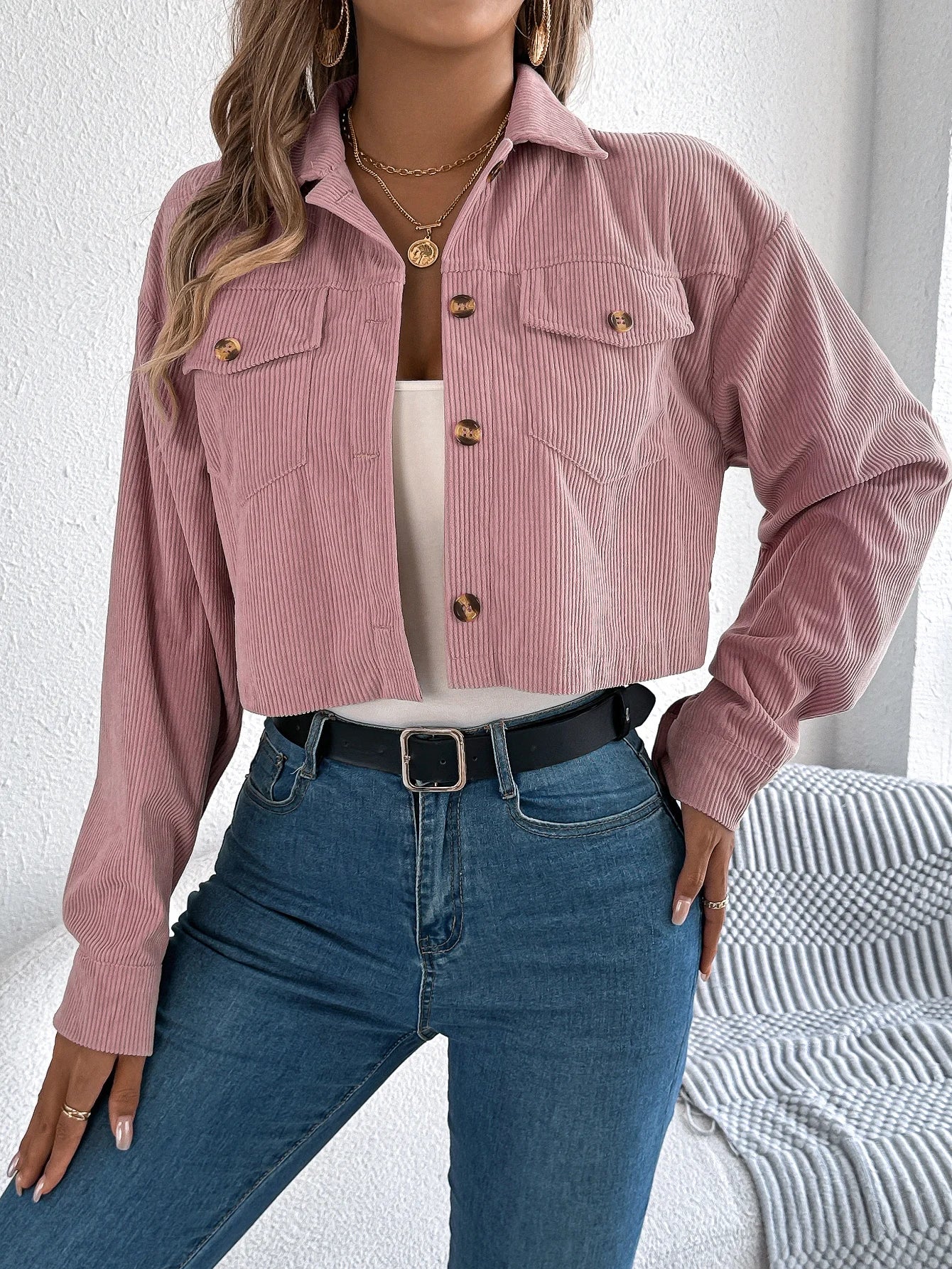 Crop Jacket Woman Casual Pocket Single Breasted Long Sleeve Lapel Black Pink Khaki Short Corduroy Coats
