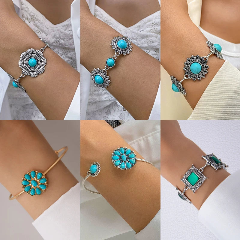 Vintage Green Stone Bracelets for Women Luxury Crystal Stone Flowers Opening Bangle Adjustable Jewelry Accessories
