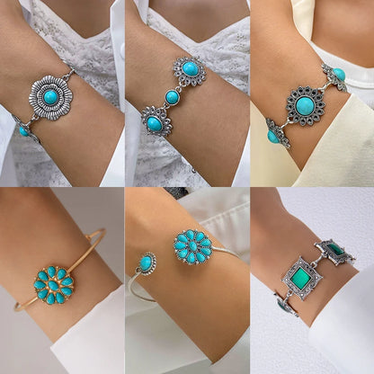 Vintage Green Stone Bracelets for Women Luxury Crystal Stone Flowers Opening Bangle Adjustable Jewelry Accessories