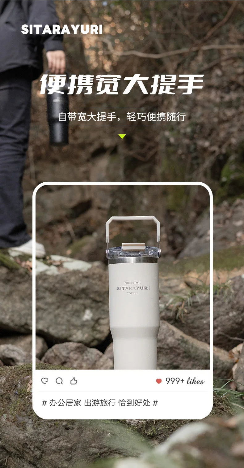 600-900ML Large Capacity Handheld  Stainless Steel Thermos Bottle Bing Ba Water Bottle Double Drinking Straw Thermo Bottle