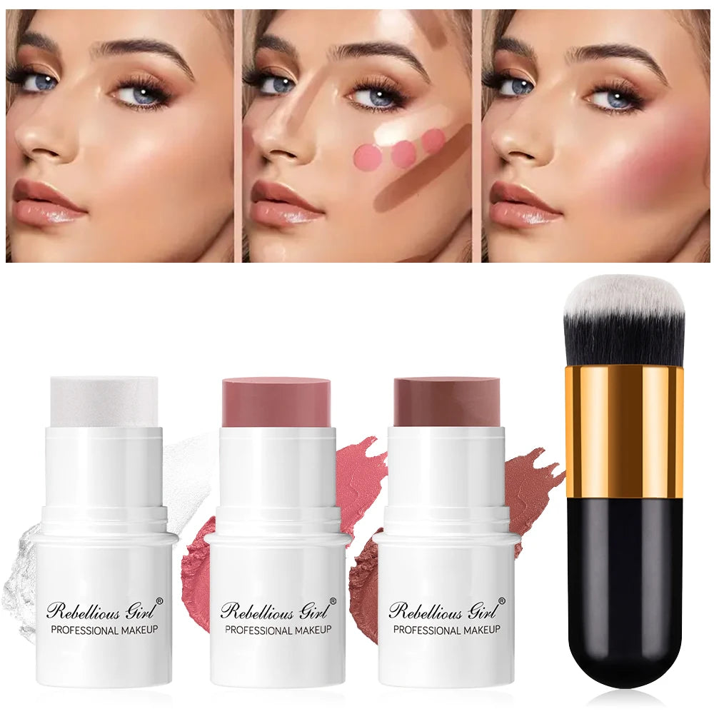Blush Contour Highlighter Stick for Cheeks Eyes Lip Lightweight Dewy Finish Blush Stick Contour Natural Blusher Stick Makeup Set