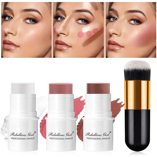 Blush Contour Highlighter Stick for Cheeks Eyes Lip Lightweight Dewy Finish Blush Stick Contour Natural Blusher Stick Makeup Set