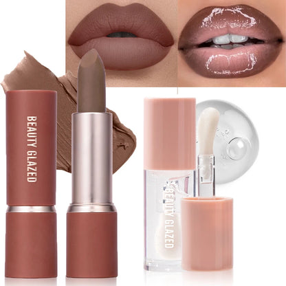 2Pcs/Set Matte Brown Lipstick+Translucency Lip Gloss Combo Kit,Easy Application, Non-Stick, Moisturizing