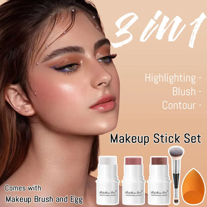 Blush Contour Highlighter Stick for Cheeks Eyes Lip Lightweight Dewy Finish Blush Stick Contour Natural Blusher Stick Makeup Set