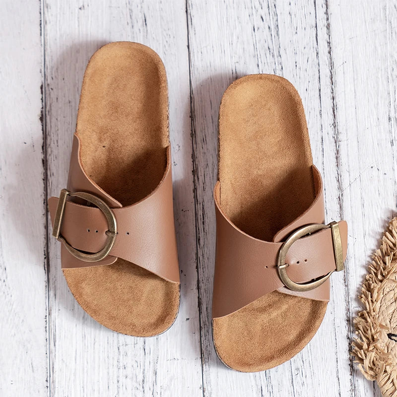 Women's simple solid color buckle cover for wearing flat heeled straight slippers