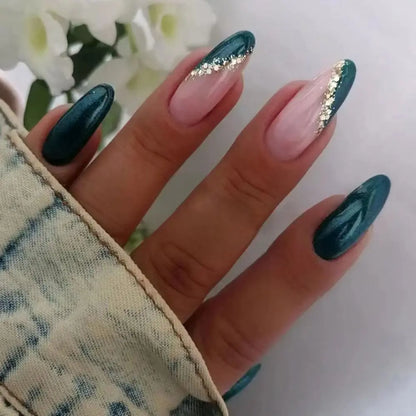 24pcs Detachable Almond French False Nails DIY Glitter Design Press on Nails Fake Nials DIY Manicure Nail Tips
