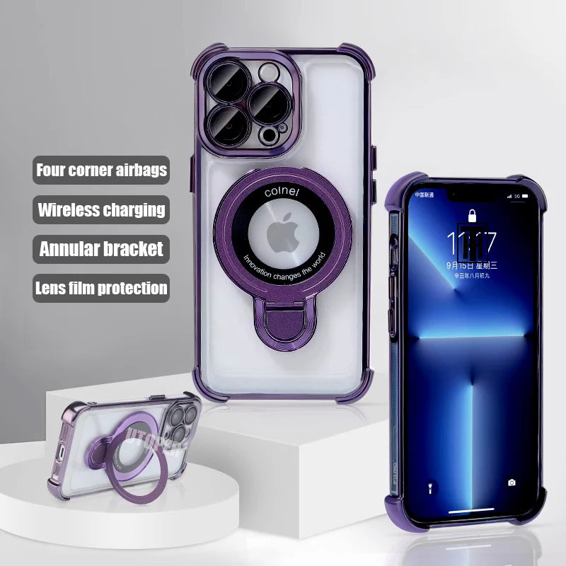 New Strong Magsafe Magnetic Ring Stand for iPhone 16 15 14 13 11 12 Pro Max Plus Military Shockproof Slim Plating Clear Cover