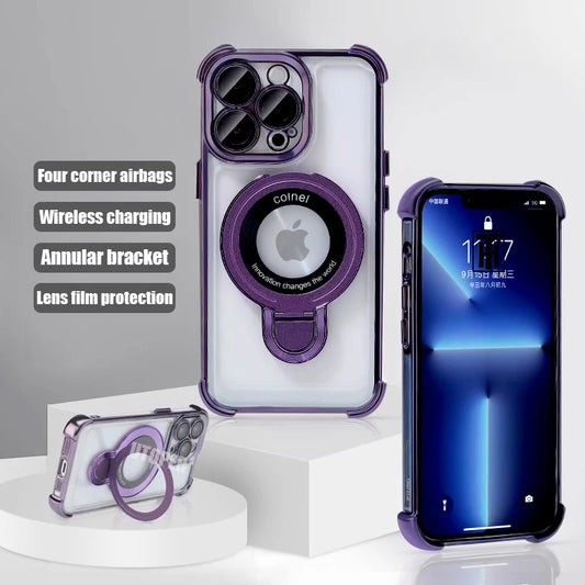 New Strong Magsafe Magnetic Ring Stand for iPhone 16 15 14 13 11 12 Pro Max Plus Military Shockproof Slim Plating Clear Cover