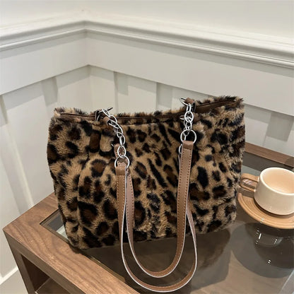 Leopard Print Fur Bags Women Fashion Portable Faux Fur Handbags Winter Soft Warm Bag Girls Fluffy Large Capacity Tote Purse