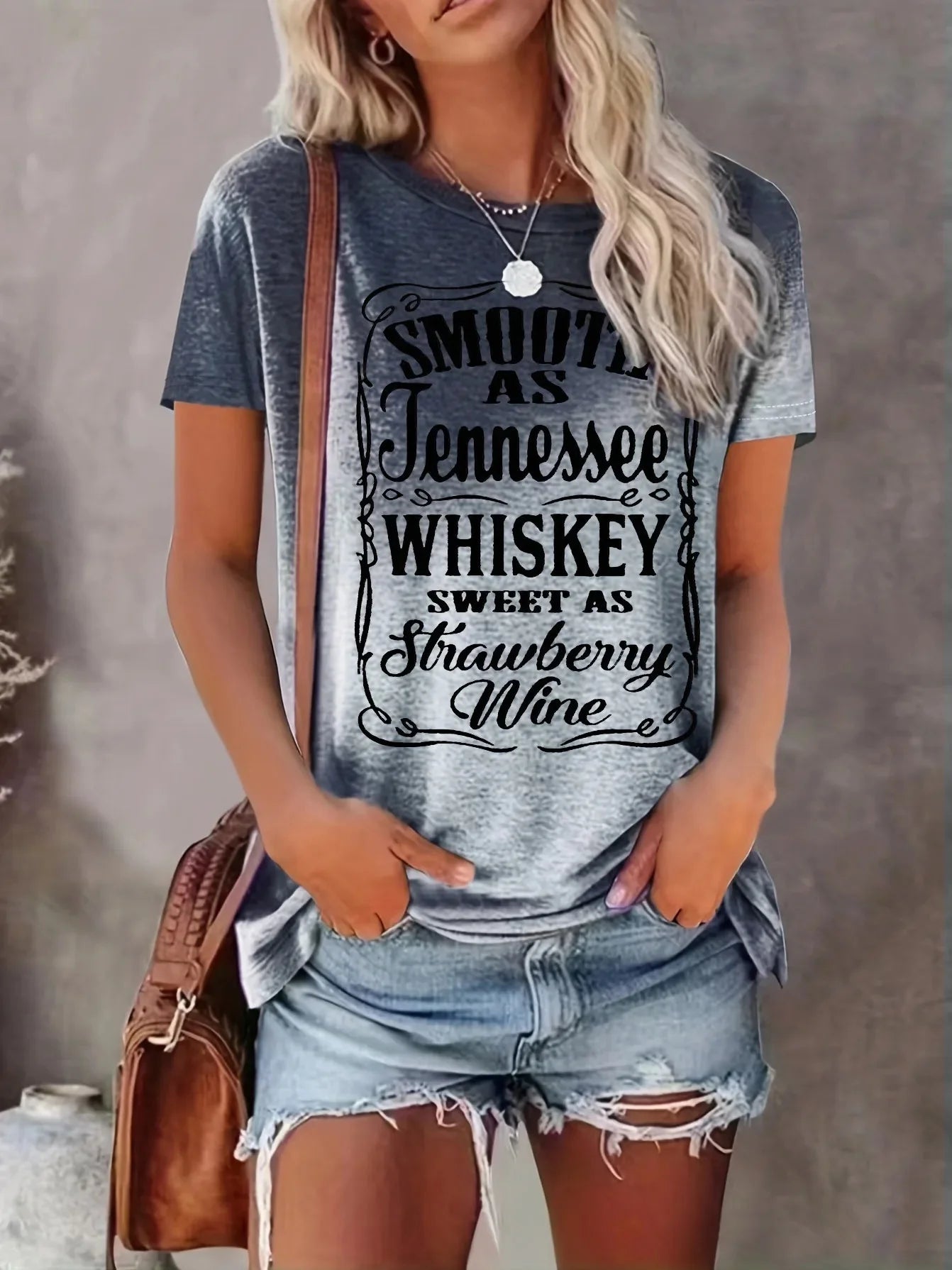 Vintage Letter Print Round Neck Loose-Fit Short Sleeves T-Shirt Top Women's Polyester Crew Neck T-Shirt
