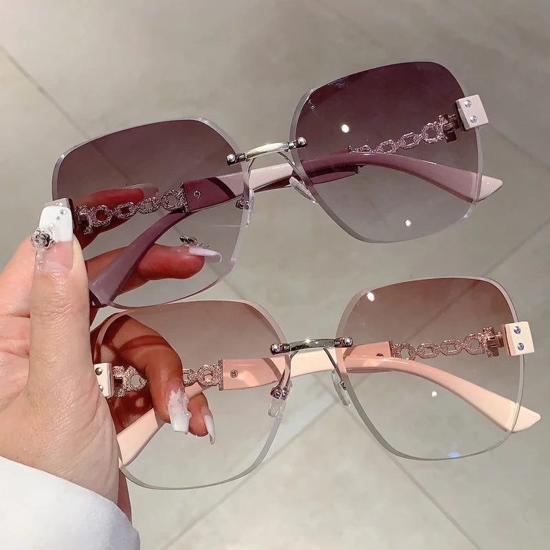 Gradient Tea Women Sunglasses Oversize Rimless Retro Shades for Decoration Driving UV Protection Sun Glasses