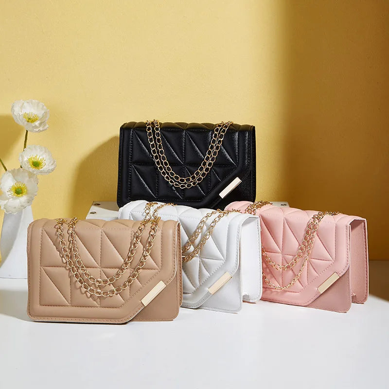 Triangle diamond check embroidery small square bag new fashion with solid color sequin magnetic link crossbody bag